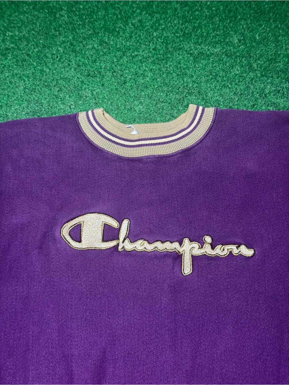 Vintage 80s 90s Champion Purple Reverse Weave Crewneck Sweatshirt, Striped (XL) - Picture 2 of 10